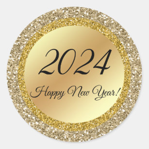 2024 happy new year,gold metallic sparkles  classic round sticker