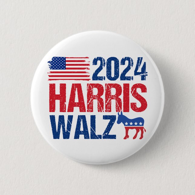 2024 Harris Walz Democrat Donkey American Election 6 Cm Round Badge (Front)