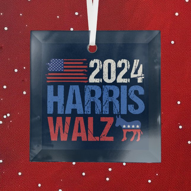2024 Harris Walz Democrat Donkey Blue Christmas Glass Tree Decoration (Creator Uploaded)