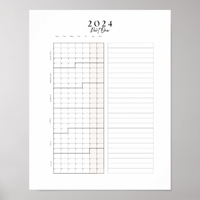 2024 January - June Block Calendar Wall Poster (Front)