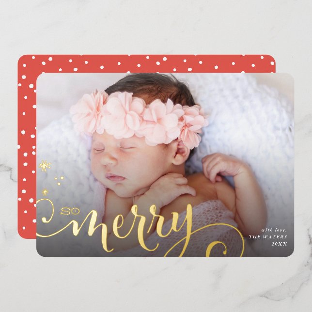 2024 MERRY PHOTO family fun calligraphy Foil Holiday Card (Front/Back)