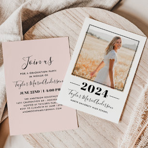 2024 Minimalist Blush Black Photo Graduation Party Invitation