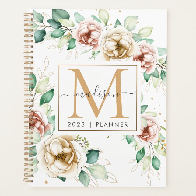 2024 Monogram Watercolor Floral Weekly Monthly Planner (Front)