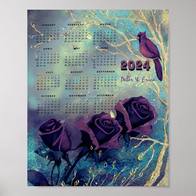 2024 Monthly Calendar Purple Roses Poster (Front)