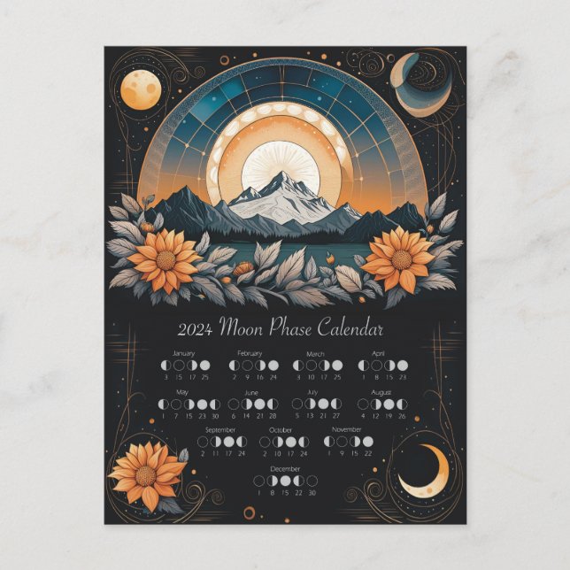 2024 Moon Phase Wall Art Sunflower Mountains Postcard (Front)
