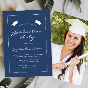 2024 Navy Blue White Border Graduation Party Invitation