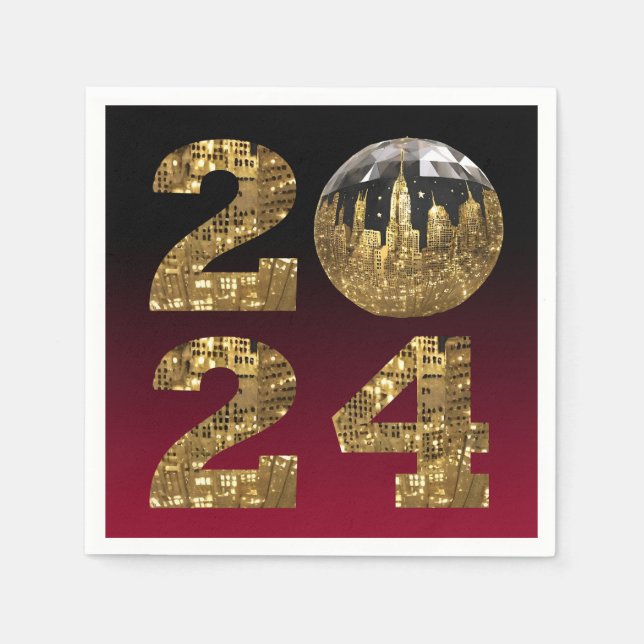 2024 New Years Eve Party-Ball-NYC Gold & Red Napkin (Front)