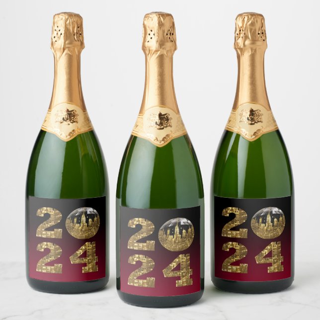 2024 New Years Eve Party-Ball-NYC Gold & Red- Sparkling Wine Label (Bottles)