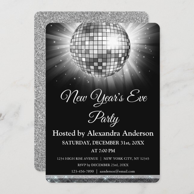 2024 New Year's Eve Party Silver Disco Ball Invitation (Front/Back)