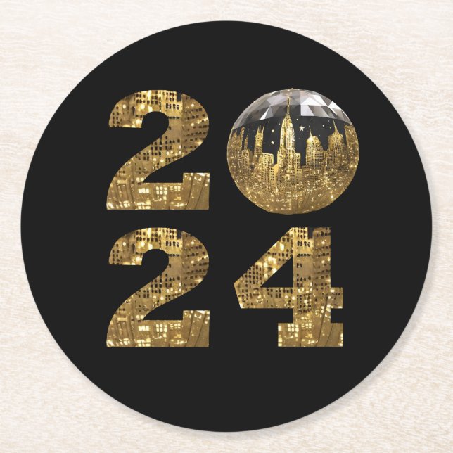 2024 New Years Party-Ball-NYC Gold- Round Paper Coaster (Front)