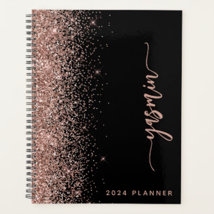 2024 Personalised Black Rose Gold Glitter Planner