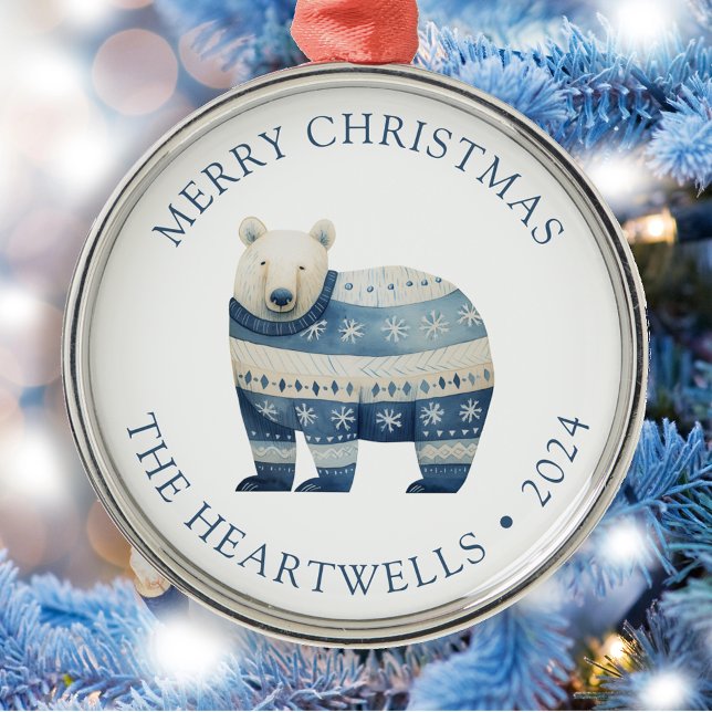 2024 Personalised Blue Polar Bear Merry Christmas Metal Tree Decoration (Creator Uploaded)