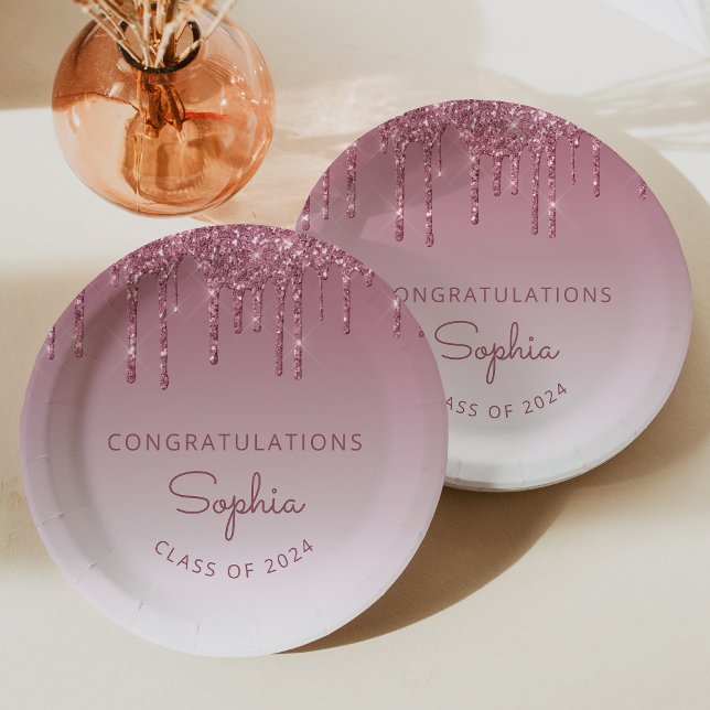 2024 Personalised Burgundy Glitter Drip Graduation Paper Plate (Creator Uploaded)