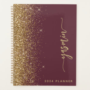 2024 Personalised Dark Burgundy Gold Glitter Planner