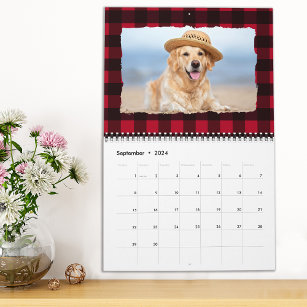 2024 Personalised Dog Pet Photos Red Buffalo Plaid Calendar