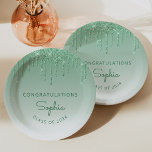 2024 Personalised Green Glitter Drip Graduation Paper Plate<br><div class="desc">These chic,  elegant graduation party paper plates feature a sparkly green faux glitter drip border and ombre background. Personalise them with the graduate's name in green handwriting script,  with the word "Congratulations" above and the class year below in sans serif font. Ideal for high school or college graduation.</div>