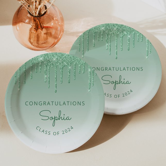 2024 Personalised Green Glitter Drip Graduation Paper Plate (Creator Uploaded)