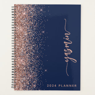2024 Personalised Navy Blue Rose Gold Glitter Planner