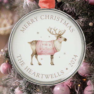 2024 Personalised Pink Reindeer Merry Christmas Metal Tree Decoration