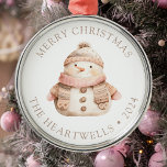 2024 Personalised Pink Snowman Merry Christmas Metal Tree Decoration<br><div class="desc">This cute holiday ornament features a pink and beige watercolor snowman in a cosy knitted scarf and hat. The words "Merry Christmas" appear in beige serif font,  with your family's name and the year below.</div>