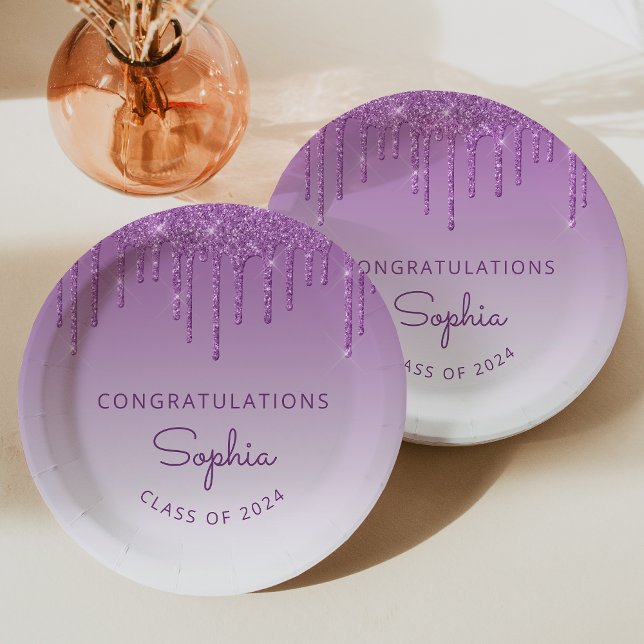 2024 Personalised Purple Glitter Drip Graduation Paper Plate (Creator Uploaded)