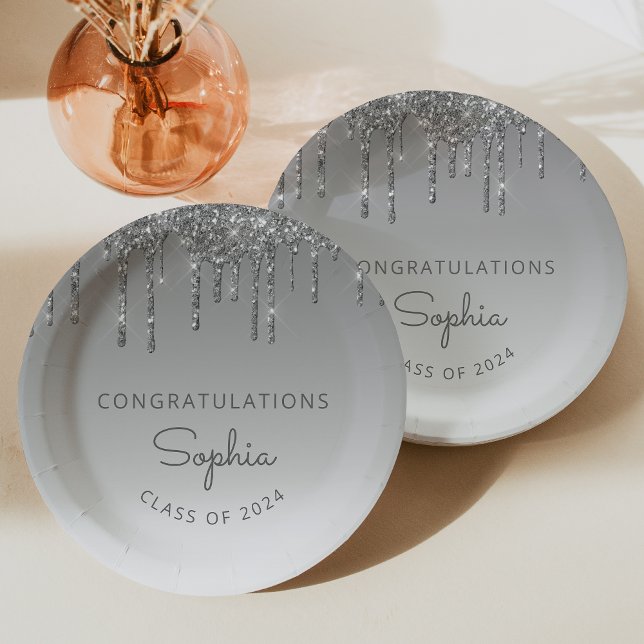 2024 Personalised Silver Glitter Drip Graduation Paper Plate (Creator Uploaded)