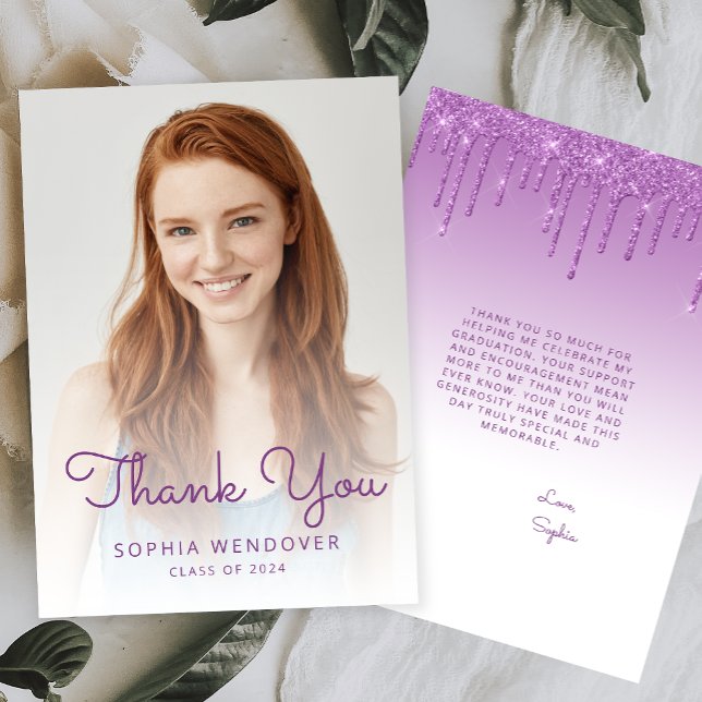 2024 Photo Purple Glitter Drip Graduation Thank You Card (Creator Uploaded)