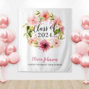 2024 Pink Floral Watercolor Graduation Backdrop Tapestry