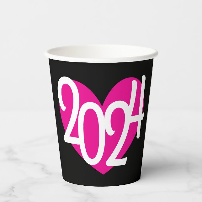 2024 pink heart graphic new years party on black  paper cups (Back)