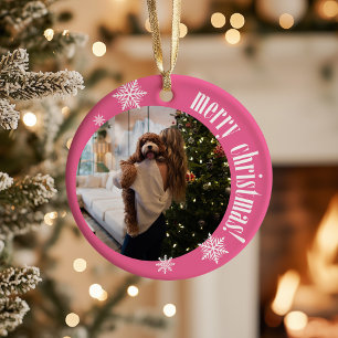 2024 Pink Retro Merry Christmas Glitter Photo Ceramic Tree Decoration