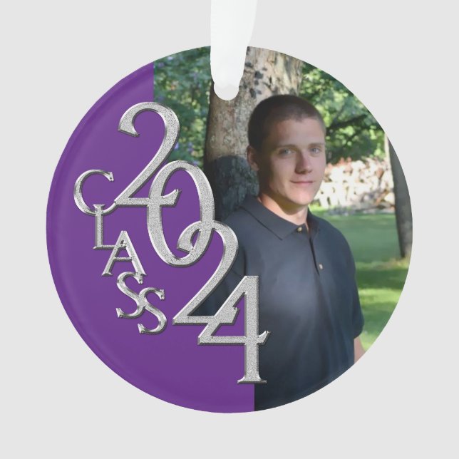 2024 Purple and Silver Graduation Photo Ornament (Front)