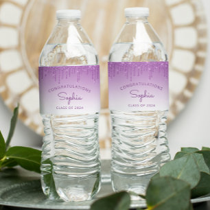 2024 Purple Glitter Drip Graduation Party Water Bottle Label