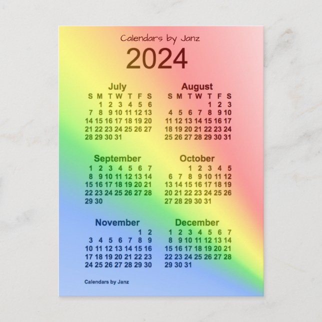 2024 Rainbow 6 Month Mini Calendar by Janz Postcard (Front)