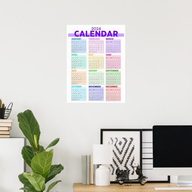 2024 Rainbow Colourful Full Year Monthly Calendar Poster (Home Office)