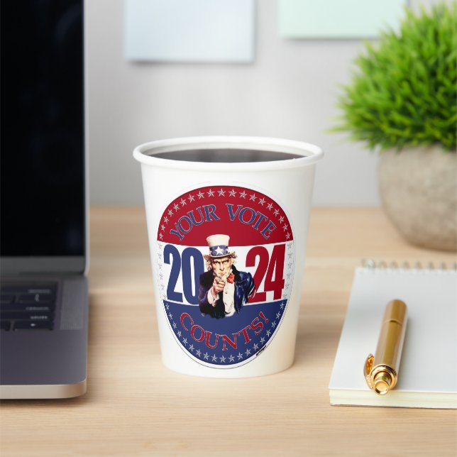 2024 Red and Blue Your Vote Counts Uncle Sam Paper Cups (Insitu)