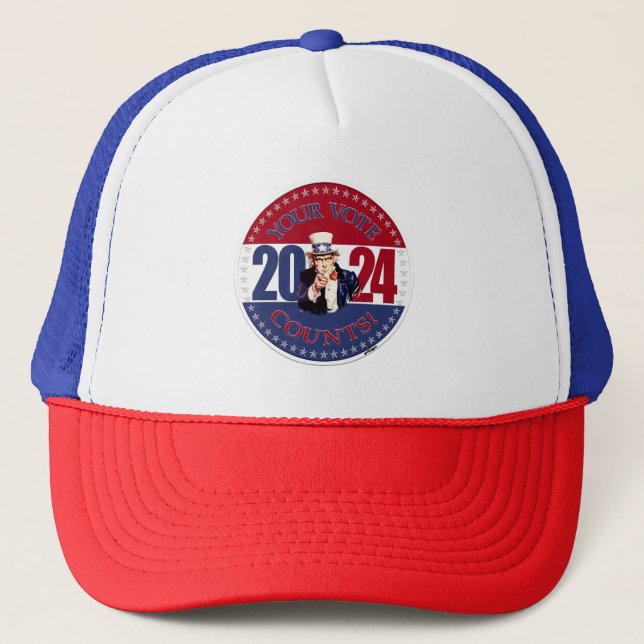 2024 Red and Blue Your Vote Counts Uncle Sam Trucker Hat (Front)