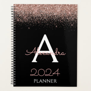 2024 Rose Gold - Blush Pink Black Glitter Monogram Planner