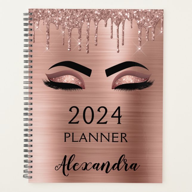 2024 Rose Gold Blush Pink  Glitter Eyelashes Planner (Front)