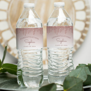 2024 Rose Gold Glitter Drip Graduation Party Water Bottle Label