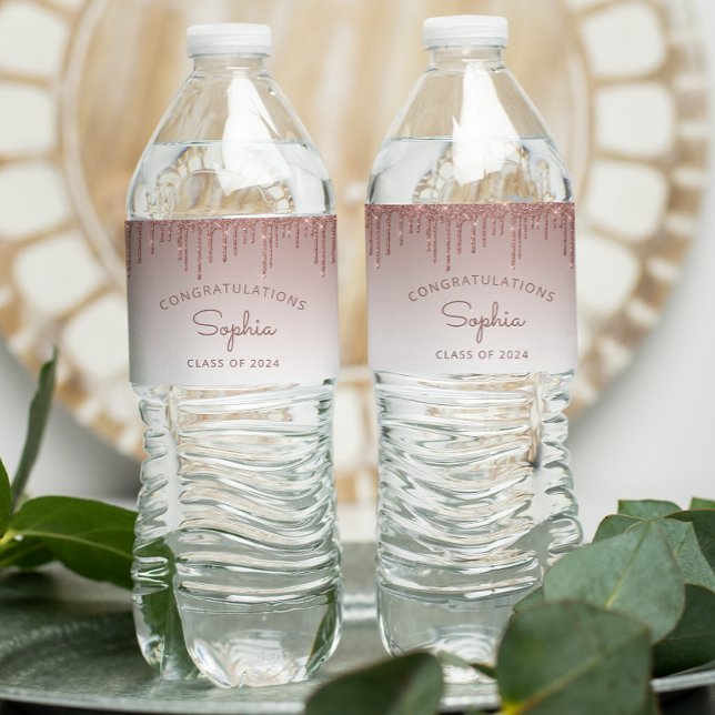 2024 Rose Gold Glitter Drip Graduation Party Water Bottle Label (Creator Uploaded)