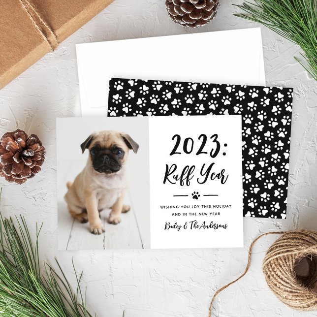 2024 Ruff Year Black and White Funny Dog Photo Holiday Card (Creator Uploaded)