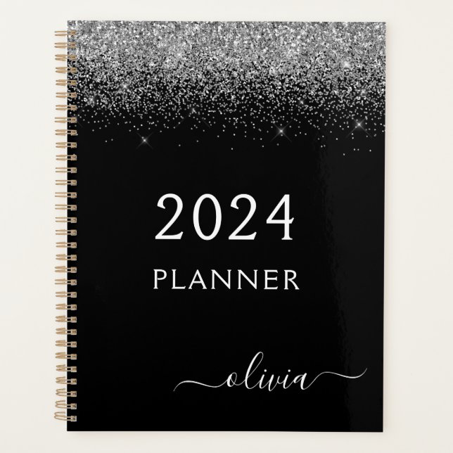 2024 Silver Black Glitter Sparkle Glam Monogram Planner (Front)