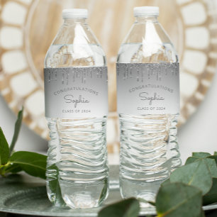 2024 Silver Glitter Drip Graduation Party Water Bottle Label
