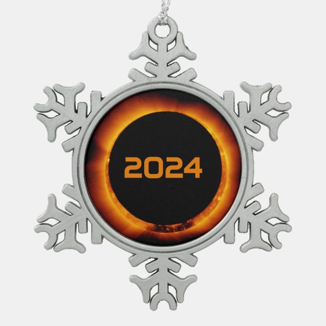 2024 Total Solar Eclipse Date Starry Sky Snowflake Pewter Christmas Ornament (Front)