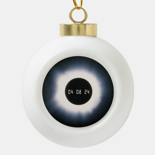 2024 Total Solar Eclipse in Black and White Ceramic Ball Christmas Ornament (Front)