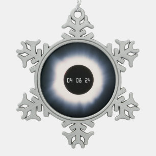 2024 Total Solar Eclipse in Black and White Snowflake Pewter Christmas Ornament