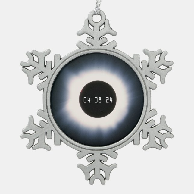 2024 Total Solar Eclipse in Black and White Snowflake Pewter Christmas Ornament (Front)