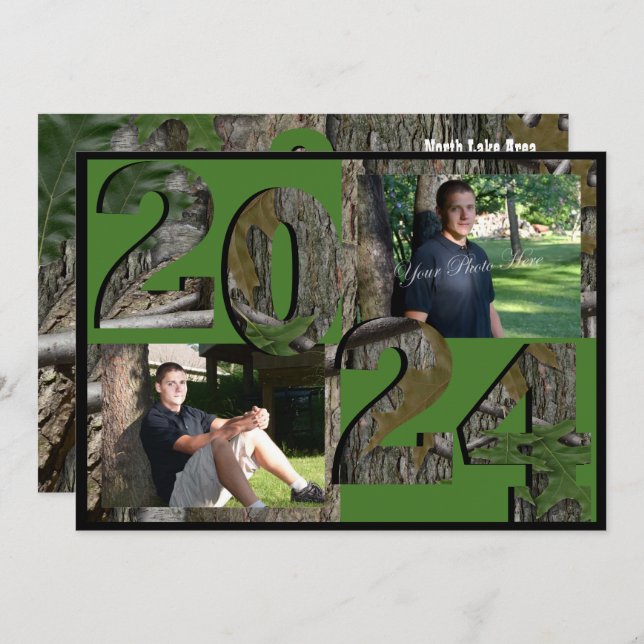 2024 Tree Camo Graduation Twin Photo Hunter Green Invitation (Front/Back)
