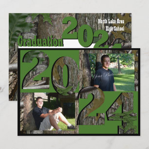 2024 Tree Camo Graduation Twin Photo Hunter Green Invitation