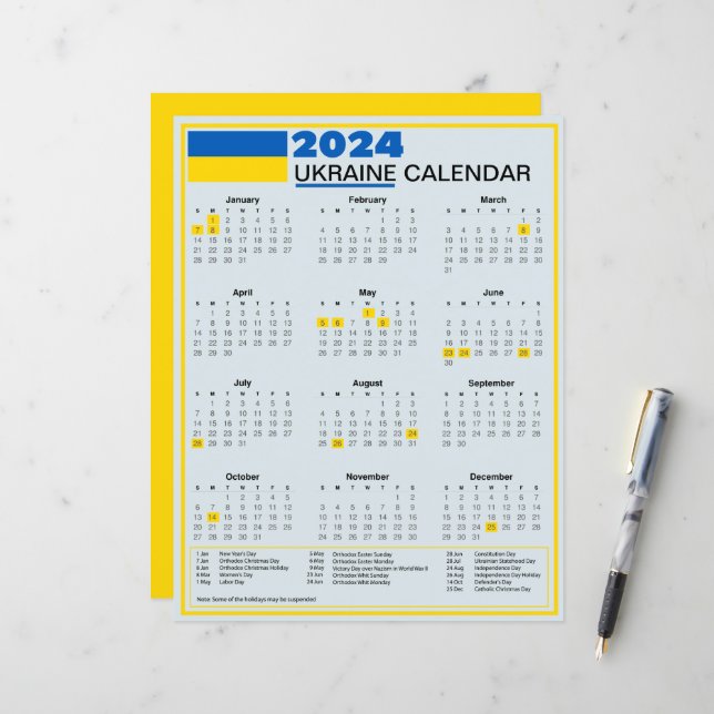 2024 Ukraine Calendar with Ukrainian Holidays (Front/Back In Situ)